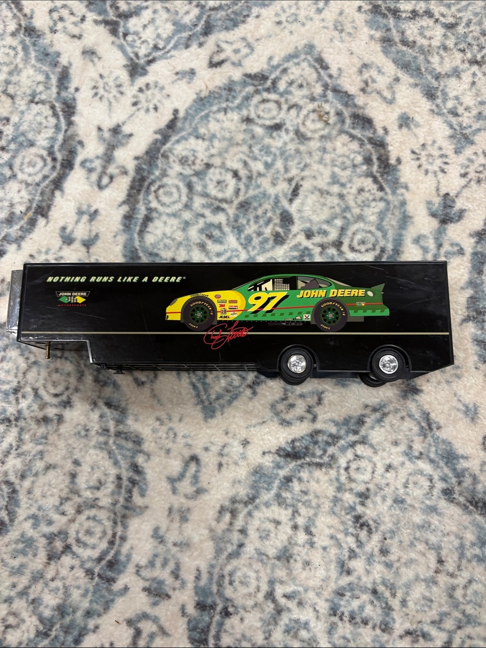 John Deere Black Toy Race Car Transporter with Green & Yellow Car Graphics
